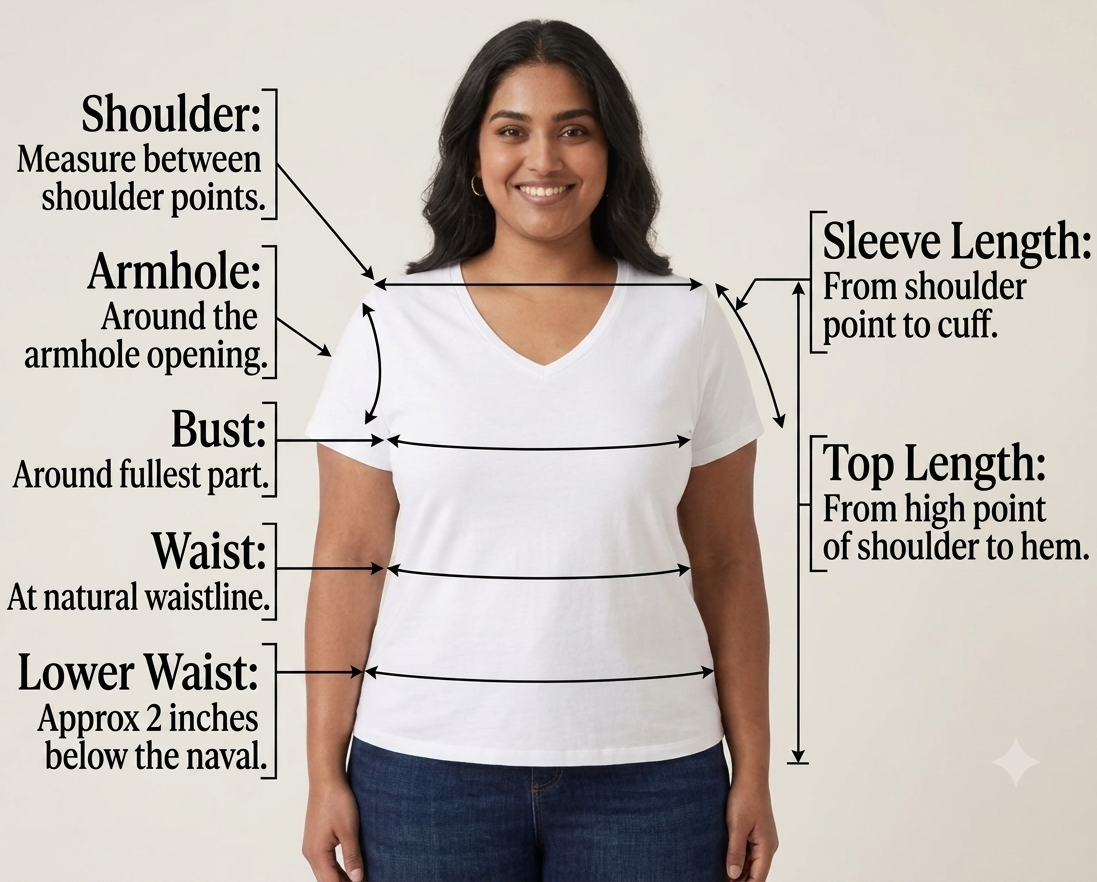 Diagram showing shoulder, armhole, bust, waist, lower waist, sleeve length, and top length