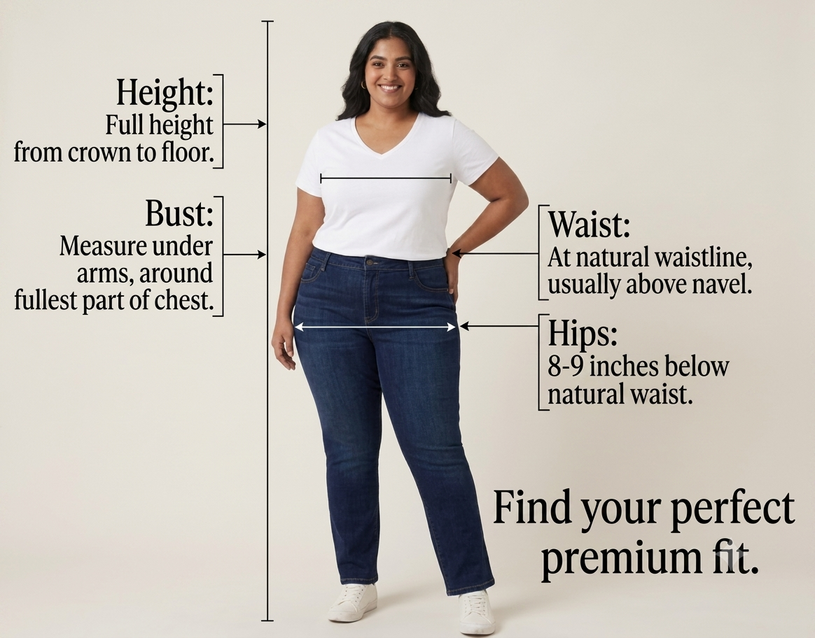 Diagram showing how to measure height, bust, waist, and hips