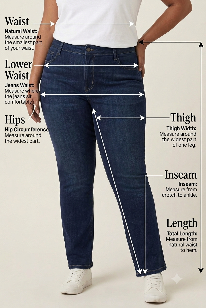 Diagram showing waist, lower waist, hip, thigh, inseam, and total length